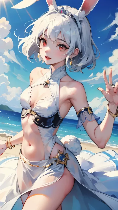 young girl　iridescent white hair　rabbit ears　white dress　　　short hair　big jewelryが付いたドレス　Dresses with large slits　dress that opens below the navel　　irreverent face　look down　thin body　thin thighs　small breasts　small ass　toned body　wrist bracelet　jewelry br...