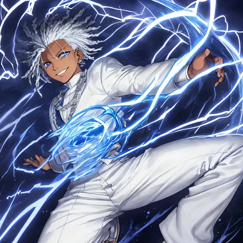 Dark skin, african american, blue hair, evil smile, masterpiece, lightning in the background, white long clothes, white long pants, white shoes, blue hair, male focus, blue eyes, 1boy, muscular, kendrick lamar small braids, jujutsu kaisen