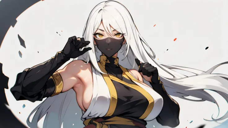 A tall, large-breasted woman was smiling at the camera and using her hands to take off a black mask. White hair and yellow eyes, wearing a white ninja outfit with blood smeared all over her body.