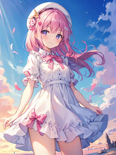 white frills dress girl , wink smile, Pink hair, PastelColors、Cute、blush, tiny chest, Large scale sky, sunrise, celebration, pop the poppers