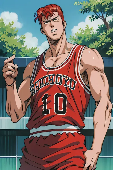 masterpiece,best quality,highres,Sakuragi Hanamichi1,1boy,solo,cowboy shot,red hair,pompadour,basketball court,looking at viewer,basketball uniform,outdoors,sunlight,sweat,sunlight,