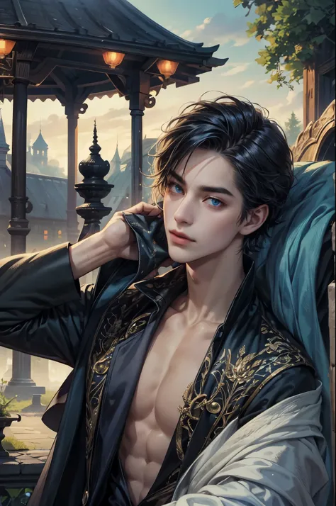 ((Best quality)), ((masterpiece)), (detailed), ((perfect face)), ((halfbody)) character from boys over flowers In the eerie twilight of a hauntingly beautiful carnival, a dashing young man with piercing blue eyes and raven hair, clad in a vintage black sui...