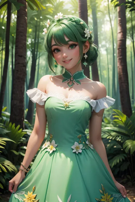 Estilo 3DMM, (obra maestra, mejor calidad), detalles intrincados, 1 chica, solo, pelo verde, pinza para el cabello de flores, vestido verde, mirando al espectador, Sonrisa comprensiva, in an ethereal fantasy forest!