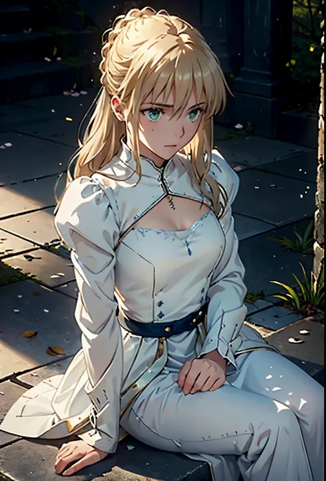 Create a hyper-realistic portrait of a young woman, reminiscent of Saber from Fate, resting after a battle. She is seated on weathered urban steps, her pose relaxed yet elegant. Her golden hair cascades in loose curls, reflecting the soft light that filter...