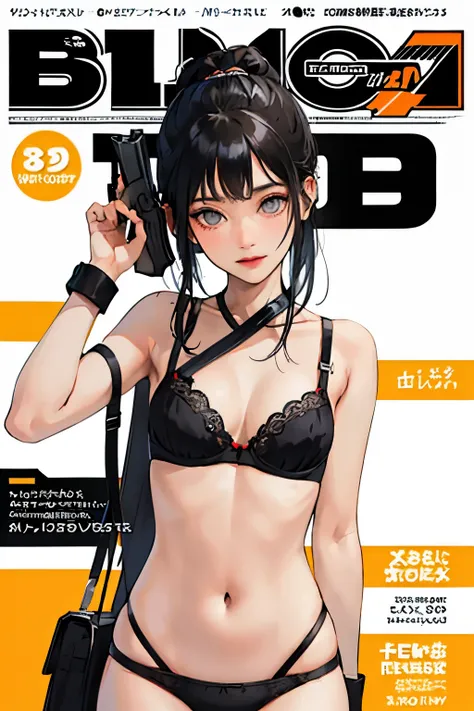 (masterpiece:1.2, highest quality), (very detailed:1.3), (magazine cover), 1 girl, 15 generations, small breasts, (black panties), (black bra),  (hold a gun), Severe, white background,