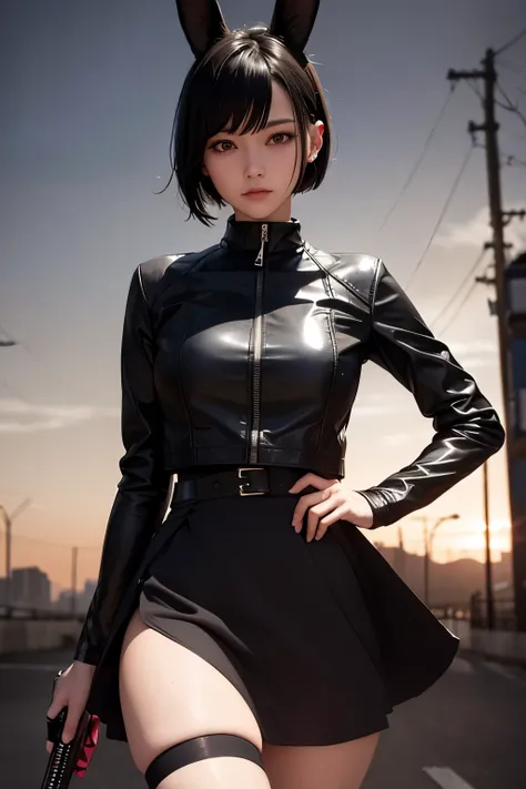 Waist up hot (black short hair) teen (masterpiece), best quality, wearing robot rabbit ears & a cyberpunk short student skirt & short jacket, pantyhose, sharp focus, moving pose, cybersamurai, glowing, holding katana