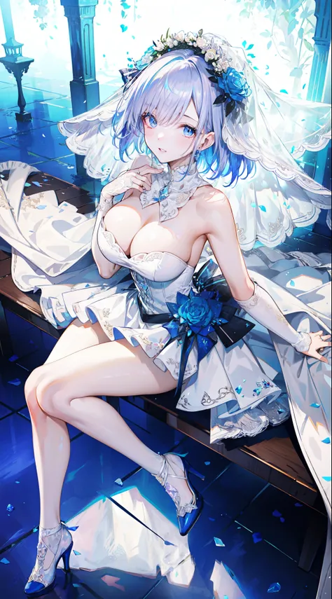 (best quality)+,(on the table)++,(Super detailed)++, Masterpiece Top Quality Super Fine Illustration High Detail Lighting Perfect Lighting, (1 bride:1.3),, First class female body, Perfect body, beautiful breasts, View from the front, from above, delicate ...