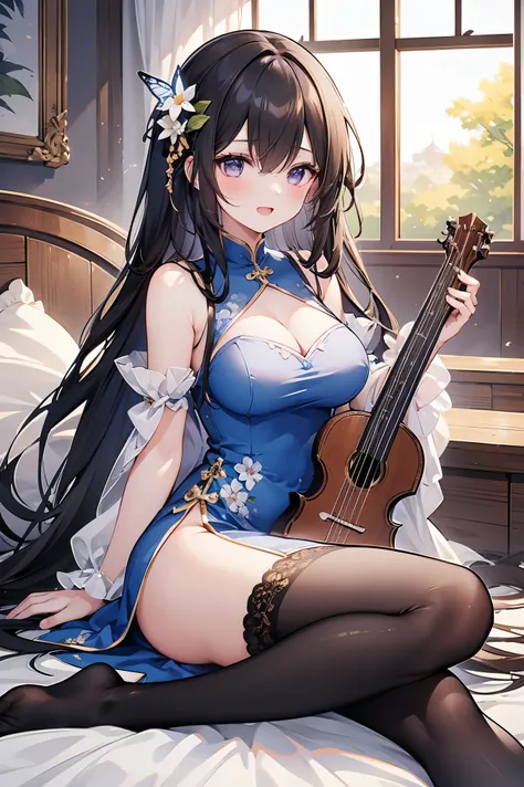 , 1girl, breasts, solo, hair ornament, instrument, long hair, thighhighs, hair rings, butterfly, dress, flower, round window, wi...