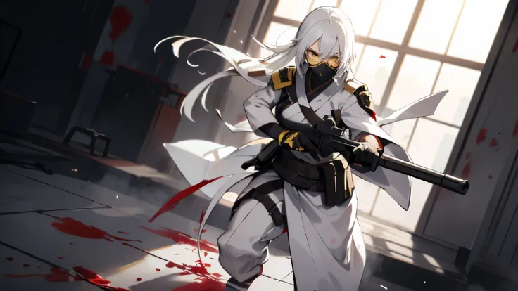 A woman with white hair and a serious face stood holding a gun. There were dead people all over the floor. She was wearing a white ninja outfit with blood stains on it and had round glasses with yellow lenses holding a gun.
