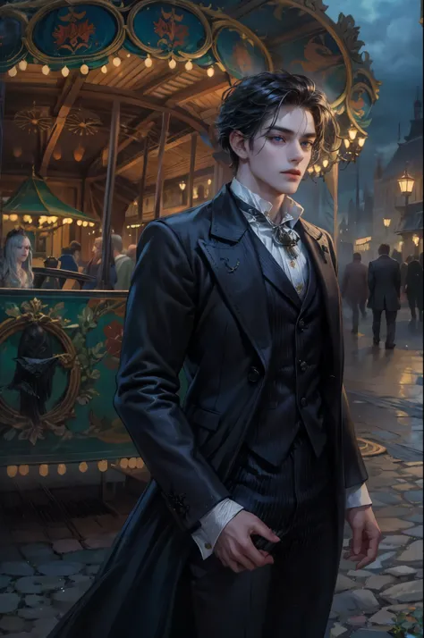 ((Best quality)), ((masterpiece)), (detailed), ((perfect face)), ((halfbody)) In the eerie twilight of a hauntingly beautiful carnival, a dashing young man with piercing blue eyes and raven hair, clad in a vintage black suit, confidently strolls along the ...