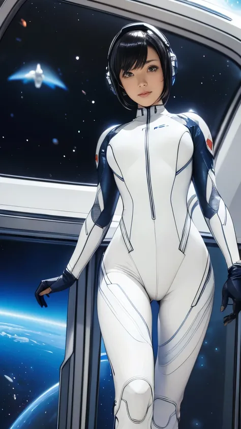 (masterpiece、highest quality、highest resolution、clear_image、Detailed details): (full body figure、15 year old girl、Japanese face、small face、thin、navy blue super short bob cut hair、blue colored eyes、((navy long sleeve space suit、space helmet))、headset、cosmic...