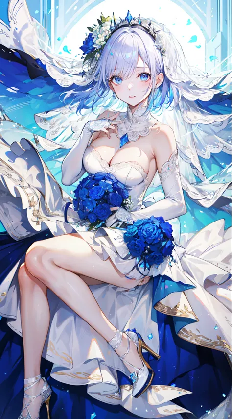 (best quality)+,(on the table)++,(Super detailed)++, Masterpiece Top Quality Super Fine Illustration High Detail Lighting Perfect Lighting, (1 bride:1.3),, First class female body, Perfect body, beautiful breasts, View from the front, from above, delicate ...