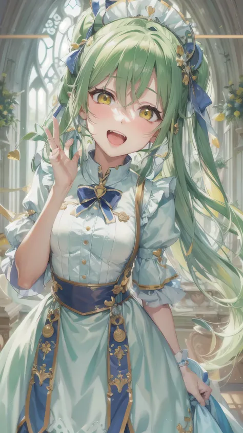 perfect anatomy, masterpiece:1.2, best quality, 8k, beautiful detailed grow, daydreaming expression, (((heart pose))) (solo:1.3 ponytail green hair long hair divine cute girl, 14 yo, cute yellow eyes), Yawn face, blushing, love smile, in a maid uniform, in...