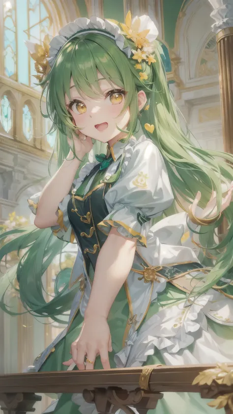 perfect anatomy, masterpiece:1.2, best quality, 8k, beautiful detailed grow, daydreaming expression, (((heart pose))) (solo:1.3 ponytail green hair long hair divine cute girl, 14 yo, cute yellow eyes), Yawn face, blushing, love smile, in a maid uniform, in...