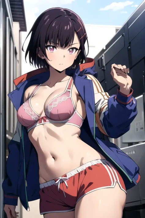 masterpiece, best quality, intricate details, 8k, uhd, perfect skin, detailed eyes, shizukazom100, 1girl, solo, short hair, dark purple hair, bangs, hair ornament, hairclip, pink eyes, white pupils, medium breasts, collarbone, sexy underwear , navel, midri...