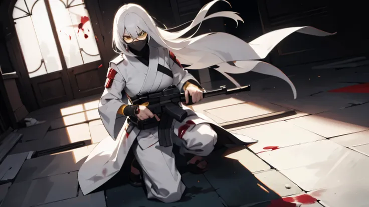 A woman with long white hair and a serious face stood holding a gun. There were dead people all over the floor. She was wearing a white ninja outfit with blood stains on it and had round glasses with yellow lenses holding a gun.
