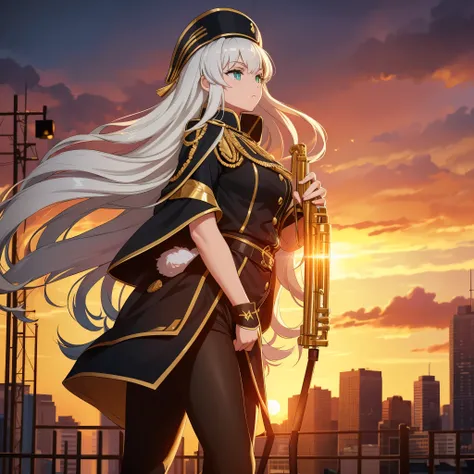 A woman wearing a long black Marching band uniform with gold details, long curly hair, silver hair, Marching band hat, light green eyes, holding a perfect musical instrument, perfect hands, perfect arms, in a big city at sunset.
