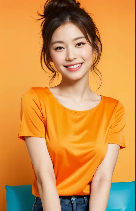 Best quality,masterpiece,ultra high res,(photorealistic:1.4),1girl, pretty, smile , orange short-sleeved T-shirt, in studio, pastel orange background,