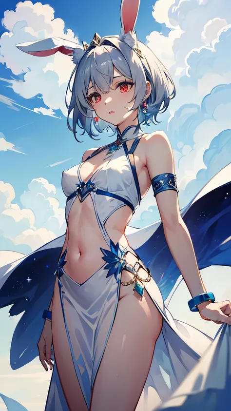 young girl　iridescent white hair　Bunny ears　white dress　　　short hair　big jewelryが付いたドレス　dress with a big slit　dress that opens below the navel　　irreverent face　look down　thin body　thin thighs　small breasts　small ass　toned body　wrist bracelet　jewelry bracel...