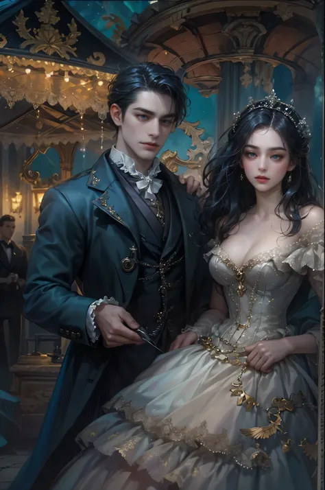 ((Best quality)), ((masterpiece)), (detailed), ((perfect face)), ((halfbody)) In the eerie twilight of a hauntingly beautiful carnival, a dashing young man with piercing blue eyes and raven hair, clad in a vintage black suit, confidently strolls along the ...