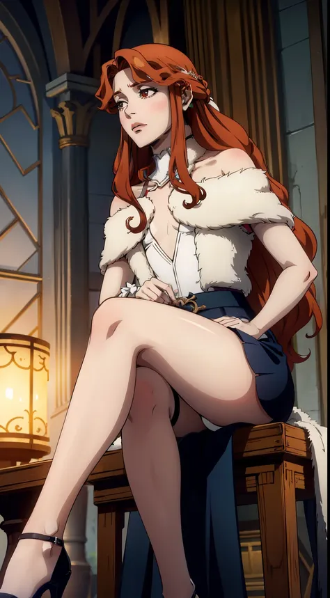 ((foto de corpo inteiro)), ((foto realista)), 1 girl, (colete: 1.2), 8k, high-res, pele finamente detalhada, lingerie, seios enormes, lenore from castlevania, vampire, red hair, skirt, sitting, toned legs, heels, dominant, low angle, upskirt, athletic, ski...