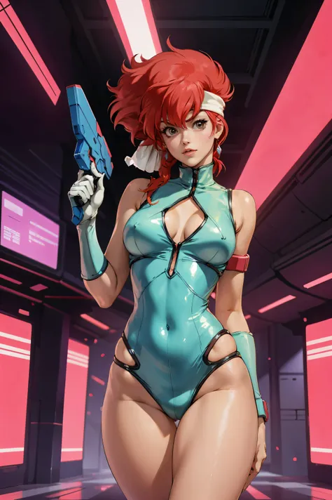 Kei from The Dirty Pair, , wearing a tight outfit, frame, legs, medium breast, red hair beauty, cyberpunk city background, holding retro space-gun, headband, slim waist, slim thighs, thigh gap