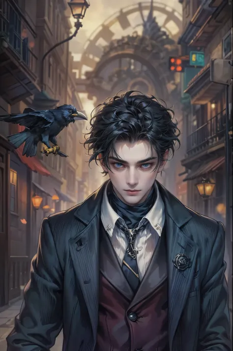 ((Best quality)), ((masterpiece)), (detailed), ((perfect face)), ((halfbody)) In the eerie twilight of a hauntingly beautiful carnival, a dashing young man with piercing blue eyes and raven hair, clad in a vintage black suit, confidently strolls along the ...