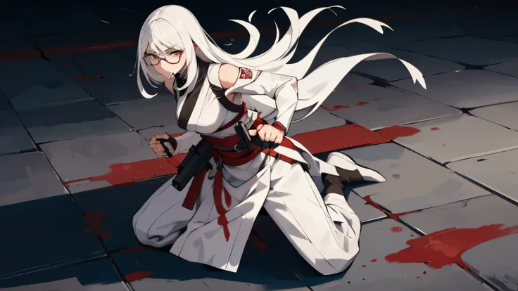 A woman with long white hair and a serious face stood holding a gun. There were dead people all over the floor. She was wearing a white ninja outfit with blood stains on it and had round glasses with yellow lenses holding a gun.
