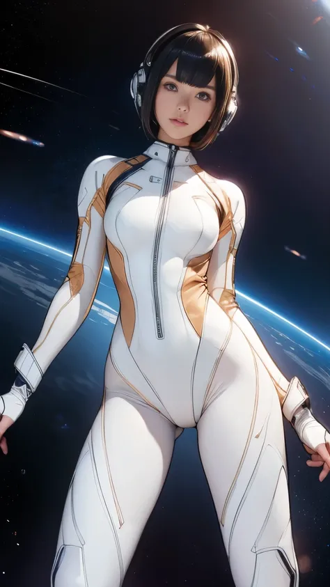 (masterpiece、highest quality、highest resolution、clear_image、Detailed details): (full body figure、15 year old girl、Japanese face、small face、thin、navy blue super short bob cut hair、blue colored eyes、((navy long sleeve space suit、space helmet))、headset、cosmic...