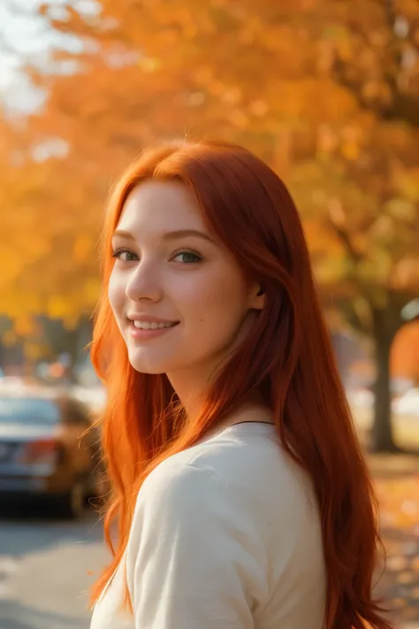 (a closeup of a, Editorial photo of a 21-year-old red-haired woman), (Highly detailed face:1.4) (Smile:0.7) (The background inside is autumn, The street is sunny, private study:1.3) ass pov, Nikon D850, film stock photograph ,4 Kodak Portra 400 ,camera f1....