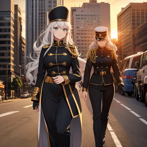 A woman wearing a long black Marching band uniform with gold details, curly hair, silver hair, Marching band hat, light green eyes, in a big city at sunset.
