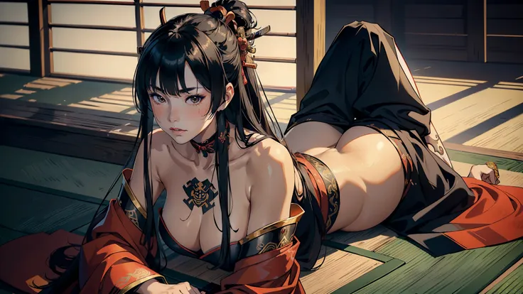 ((((Masterpiece, Top-quality, Samurai Waifu))), (Shiny armor, Sensual curves), (Long, silky hair flowing down her back), (Beautifully manicured hands, adorned with intricate henna tattoos), (Half-naked, revealing a hint of toned midriff), (Samurai attire: ...