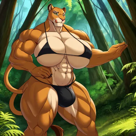 Amazonian, skimpy bikini, female, giantess, forest, extremely giant muscles, extremely ginormous bulge, extremely large breasts, unrealistic body size, wide body, lioness, dominant, licking lips, standing