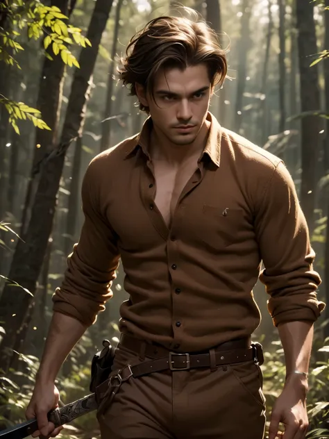 1 muscular male, 30yo, short brown hair, brown eyes, muscular, wearing brown wool shirt and brown will pants, holding sword, ultra high resolution, detailed face, forest background, wind, particle effects, dynamic lighting, lights, volumetric light, realis...