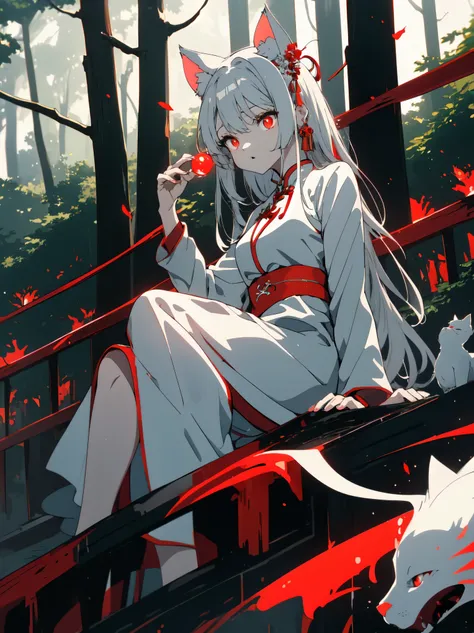 ((highest quality、masterpiece、glowing red eyes、be familiar with))、beautiful face、white cat ears、long gray hair、red cheongsam、Sitting anime style 、yawning、Bright day、in the forest、beautiful anime、nature background