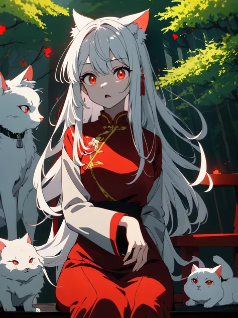 ((highest quality、masterpiece、glowing red eyes、be familiar with))、beautiful face、white cat ears、long gray hair、red cheongsam、Sitting anime style 、yawning、Bright day、in the forest、beautiful anime、nature background