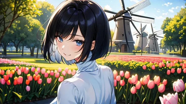 1 female、28 years old、美New髪, black hair、shortcut、bob cut、Rin々New、slanted eyes、eyeliner is clear、long face、big smile、small bust、Street in a park with windmills and tulips in the Netherlands、1 femaleで歩いている、The screen shows her from the chest up..、Slim and sl...