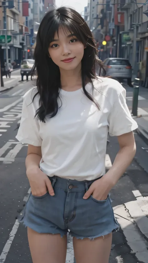 ((best quality, 8k, masterpiece: 1.3)), focus: 1.2, perfect body beauty: 1.4, (layered hairstyle: 1.2), (dark street: 1.3), Highly detailed face and skin textures, whole body, beautiful eyes, double eyelids, skin whitening, long hair, (round face: 1.5), (...