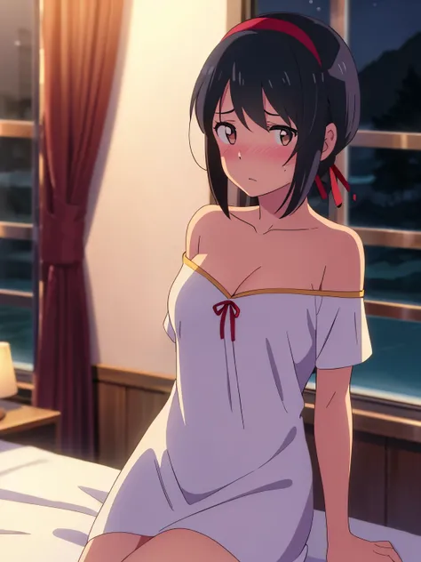 1girl, bangs, black hair, blush, brown eyes, red headband, red ribbon, short hair, off shoulder, white dress, cleavage, looking at the viewer, worried eyes, medium breasts, bedroom, night, perfect anatomy,