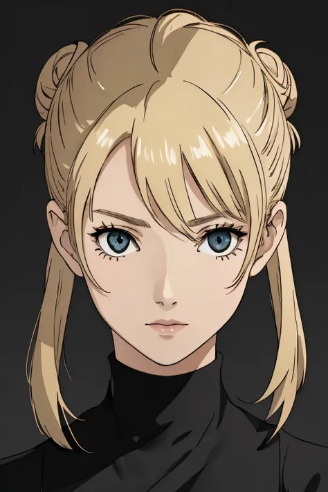 an eye contact of a blond with bun hair and dark theme