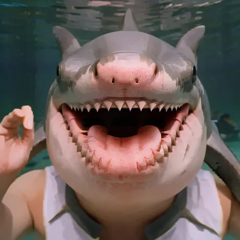 Smiling shark with fish in its teeth 