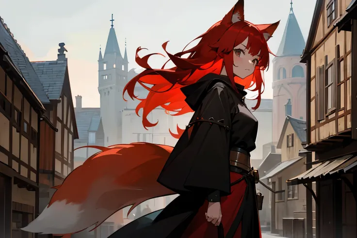 1girl, red hair, fox red ears, non human ears, fox red tail, black hood, serius face, cute girl, medieval, medieval town background, gray eyes