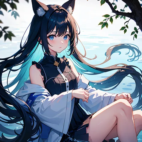 Anime girl with deer ears and deer tail, dark blue color pallete with like blue accents, and flowy clothing