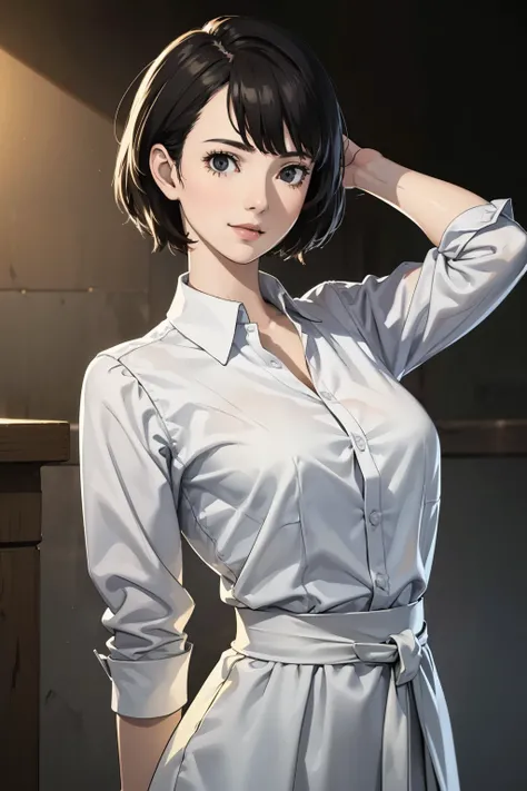 best quality, masterpiece, (photorealistic:1.4), 1girl, light smile, shirt with collars, waist up, dramatic lighting, from below