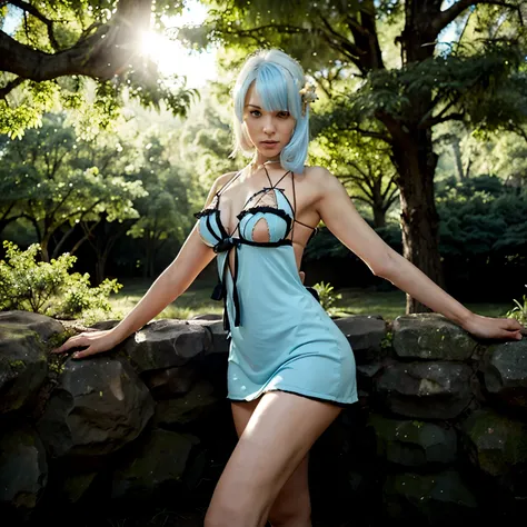 Beautiful girl. Kaine. White hair. Yellow eyes. Sexy light blue dress. In a forest. she has a sword