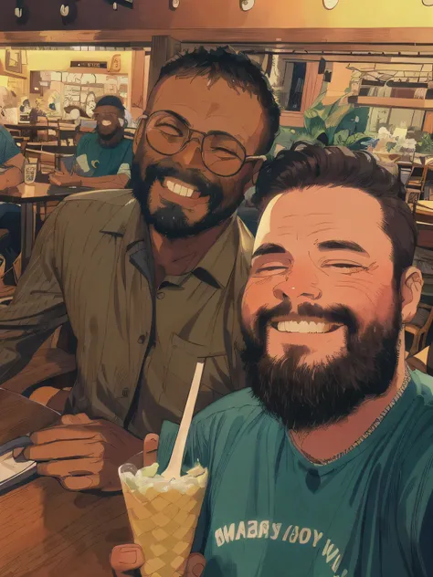 The image shows two young men sitting at a table in a food court. The man on the left is wearing a gray shirt and glasses, and he has a beard and dark skin. He is smiling. The man on the right is wearing a yellow shirt with the words "Follow your dreams" w...