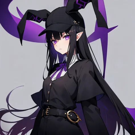 A character with long black hair and purple eyes in short gothic clothes with a cap with rabbit ears and a black horn