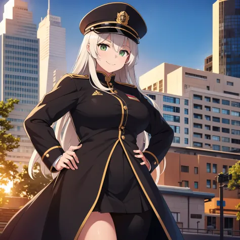 A woman wearing a long black Marching band uniform with gold details, curly hair, silver hair, Marching band hat, olive green eyes, smiling, in a big city at sunset.
