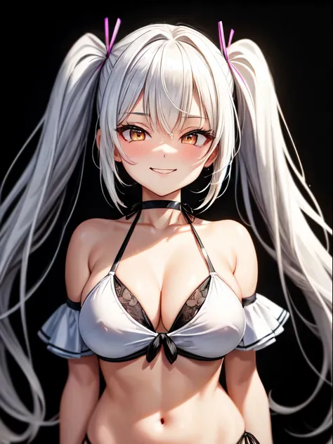 ((ultra quality)), (detailed), ((long hair, pure white hair, glowing hair, pigtails, white eyes, smug face)), ((bikini, sexy)), (black background)