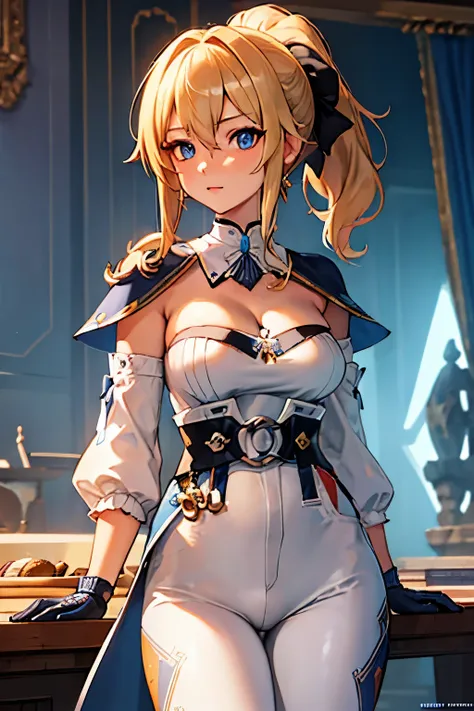 jean, jean, long hair, bangs, blue eyes, blonde hair, bow, hair between eyes, ponytail, hair bow, sidelocks, BREAK gloves, belt, capelet, cleavage, pants, white pants, detached sleeves, detached collar, BREAK outdoors, BREAK looking at viewer, (cowboy shot...